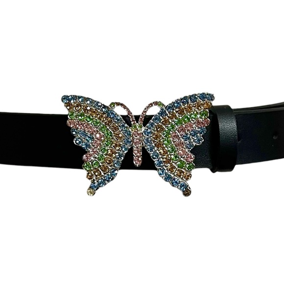 Accessories - Black Leather belt Pastel pink blue green rhinestones Butterfly buckle NWOT